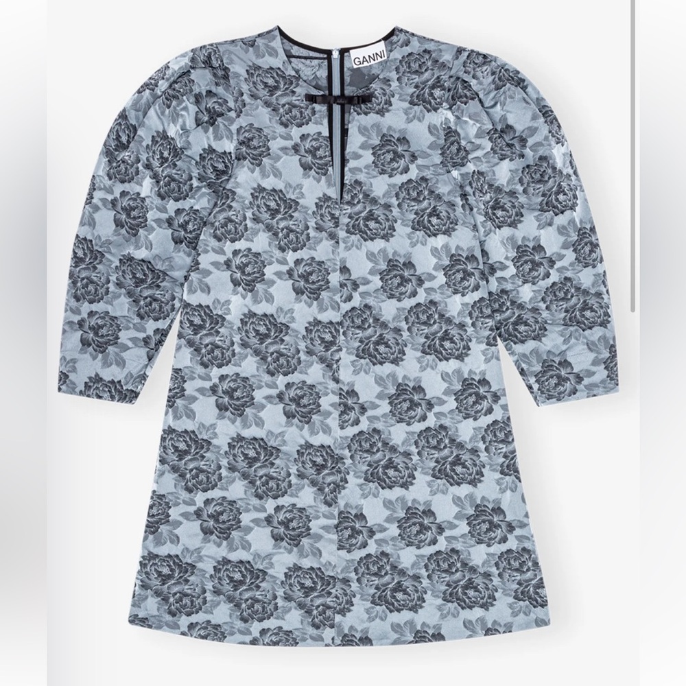 Ganni Blue Floral Jacquard Dress with Black Trim